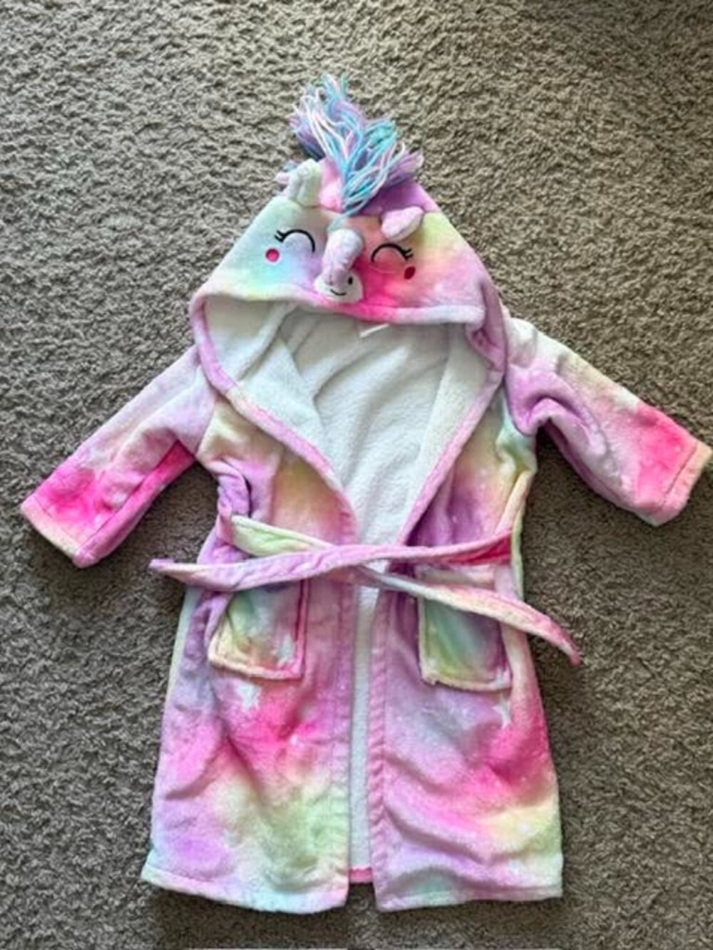 Girls Unicorn Hooded Plush Robe – Rainbow Stars – Size 12/18 Months